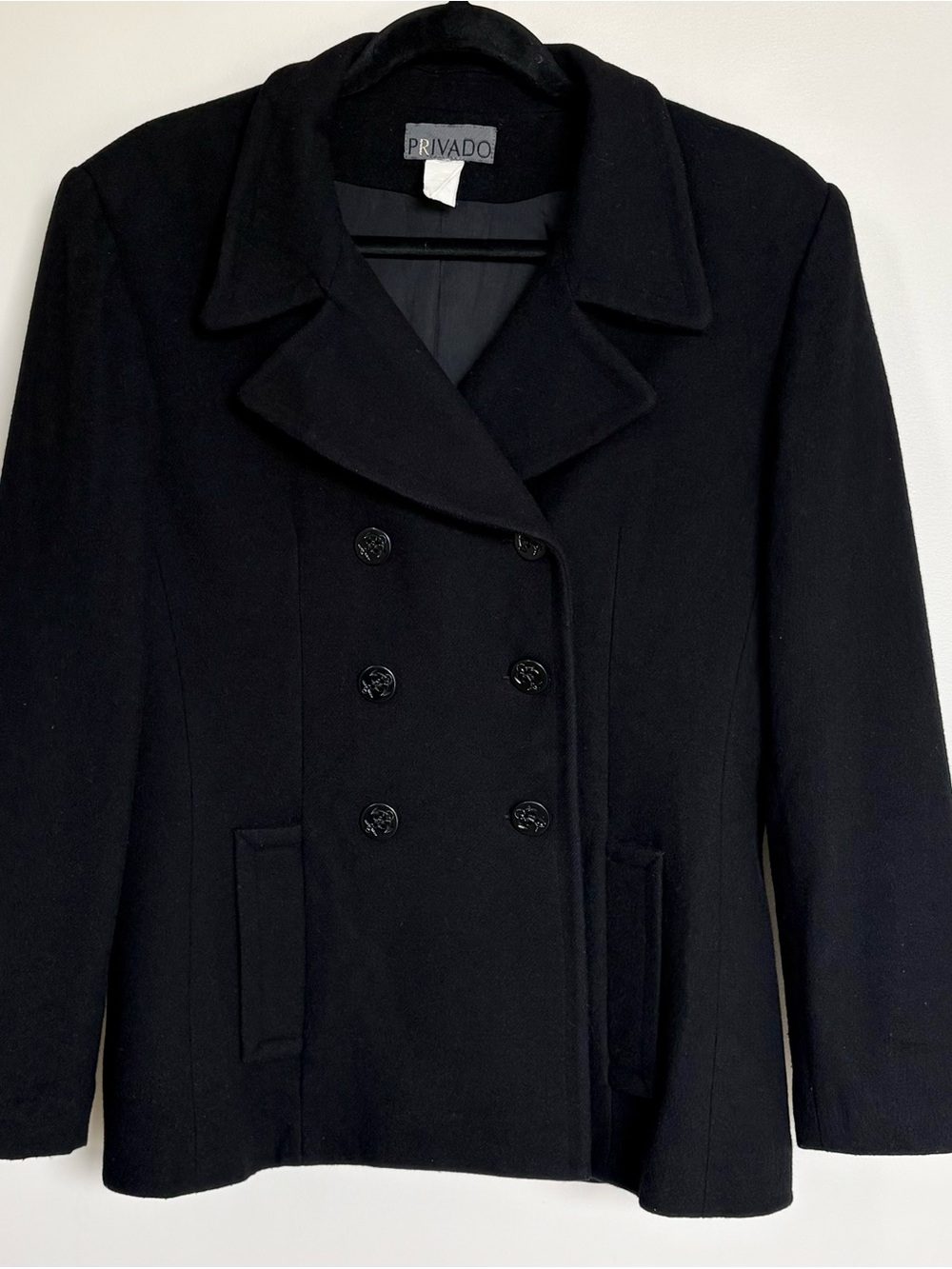 Vintage Privado 100% Wool Black Pea Coat Jacket Made in USA Size 14,